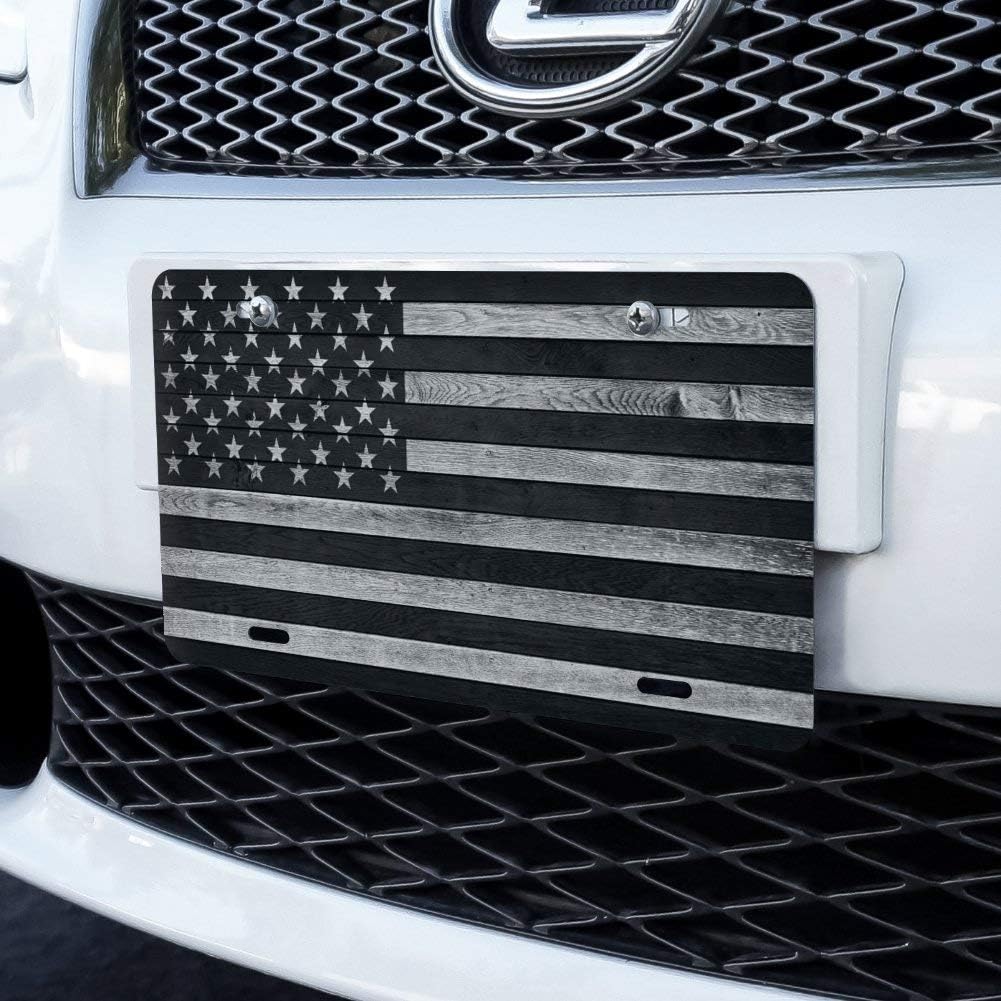 Graphics And More wood grain American flag metal vanity plate close up detail