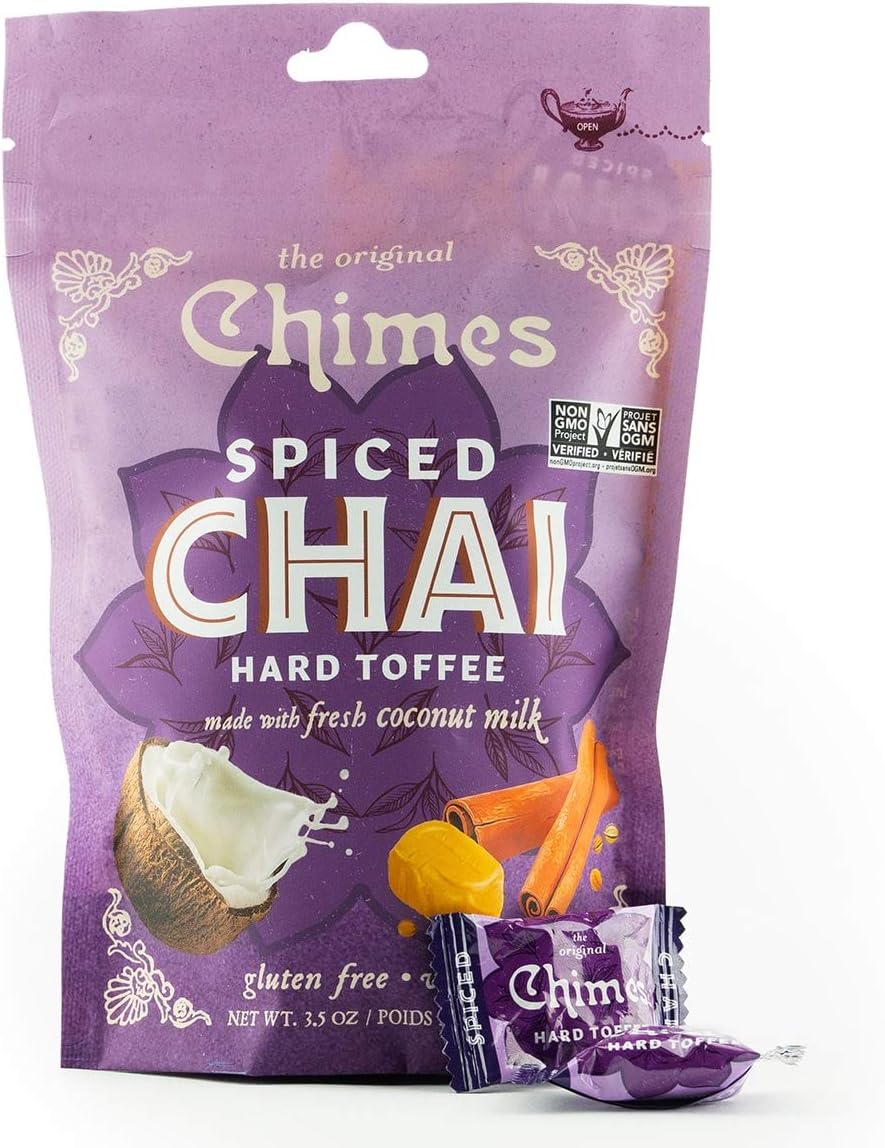 Two bags of Chimes imported gluten free hard candy arranged neatly on a clean lifestyle surface.