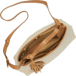 Lucky Brand Holi Satchel Natural Woven worn with crossbody strap