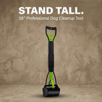 Long handle pet waste picker deployed for upright backyard cleanup.