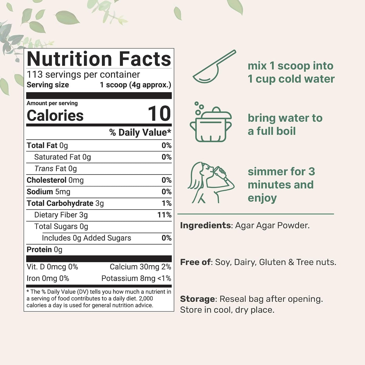 Micro Ingredients agar agar powder nutritional label details