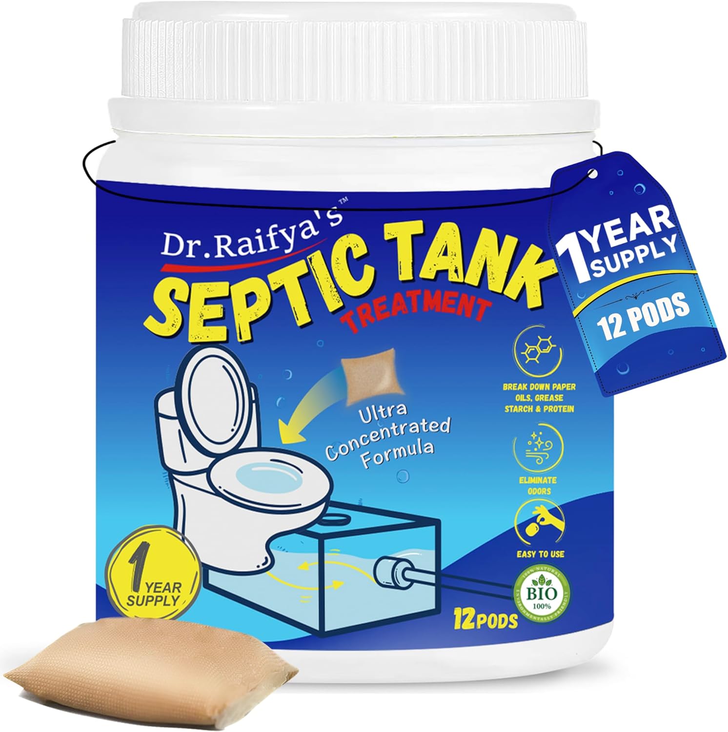 Dr. Raifya's Septic Tank Treatment Pods front view packaging