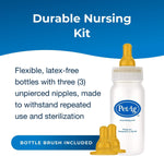 PetAg four ounce graduated pet feeding bottle alongside the included silicone nipples and cleaning brush.