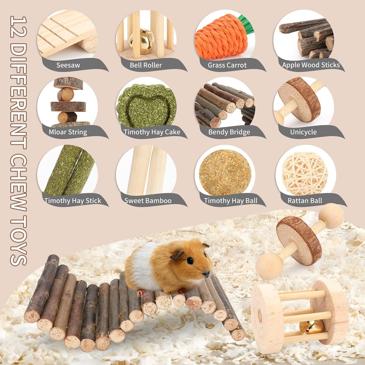 Close up of safe chewing accessories including pine cones and rattan balls for chinchillas.