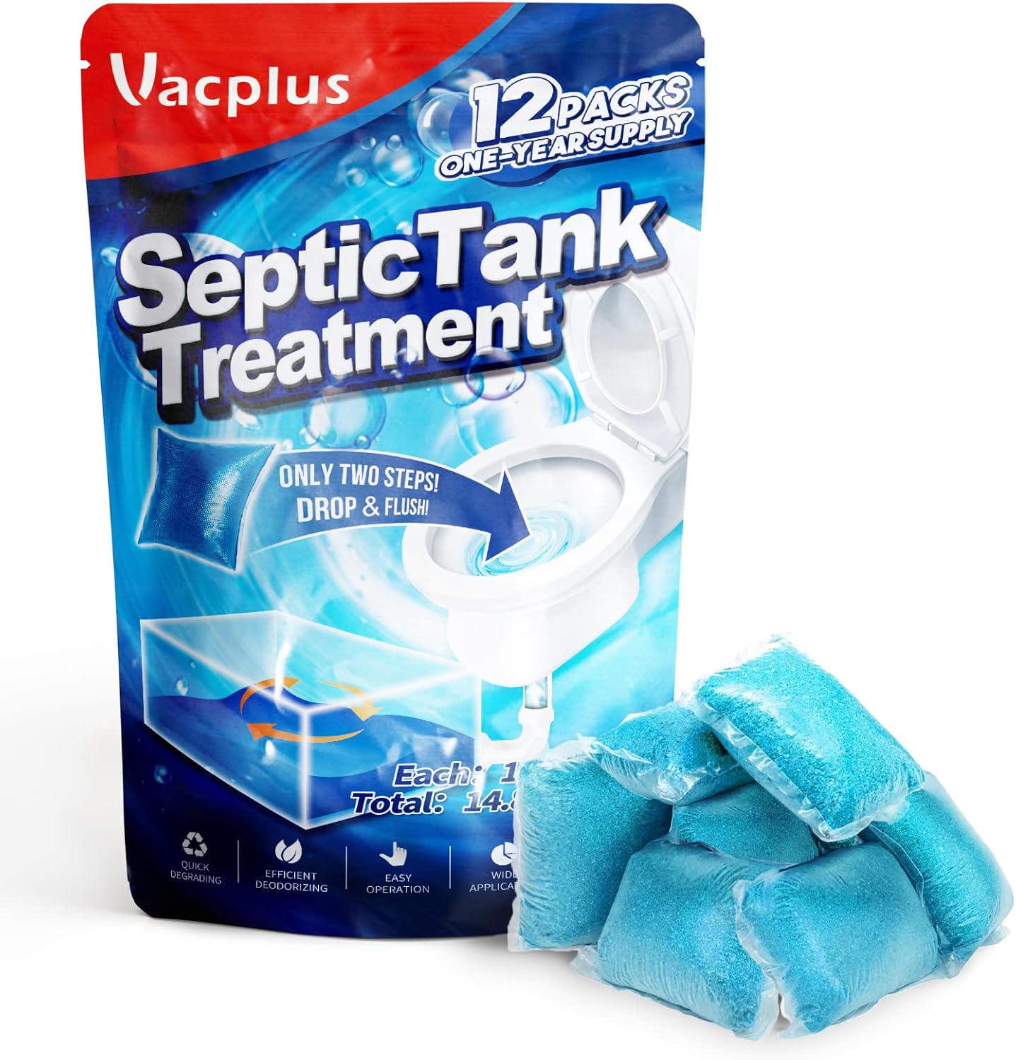 Vacplus Septic Tank Treatment 12 Count Pack front view showing the packaging.