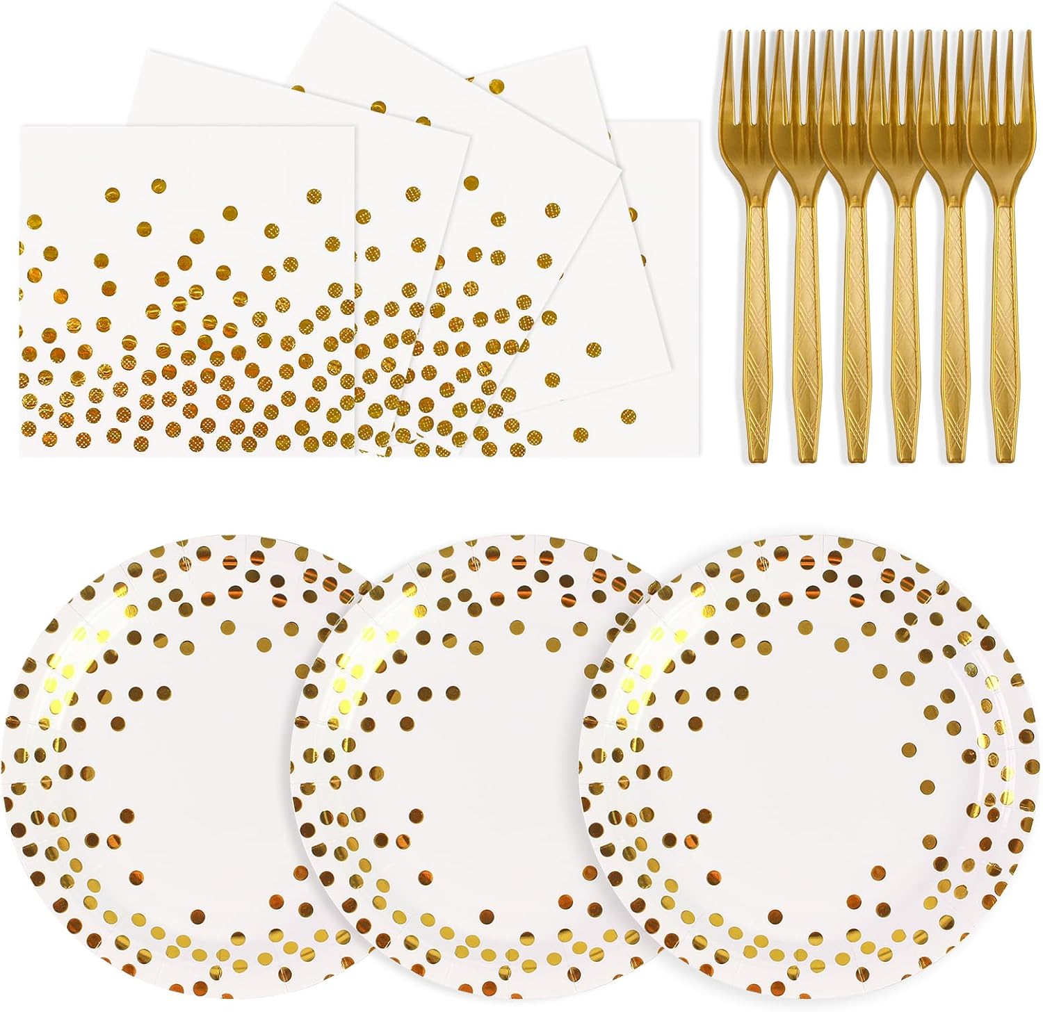 PUEVENYI 75 piece white and gold dot paper plate set front view.