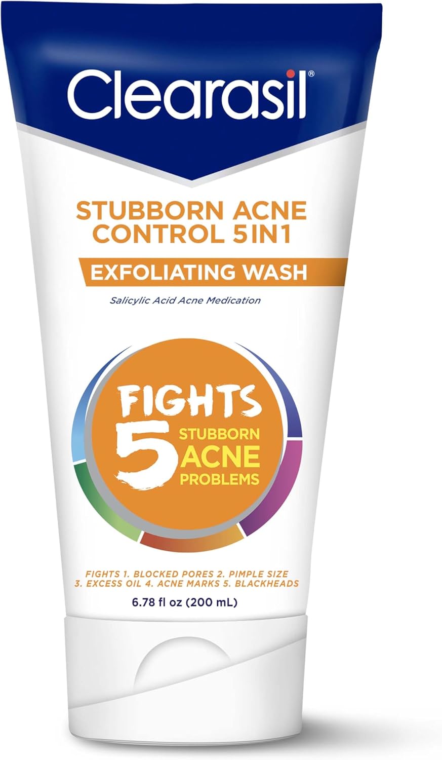 Clearasil stubborn acne control 5in1 exfoliating wash front view tube