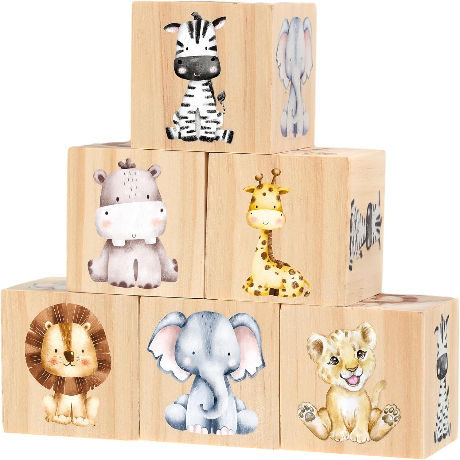 Kigley 6 piece nursery decor safari animals front view showcasing six colorful watercolor wooden blocks arranged on a white shelf.