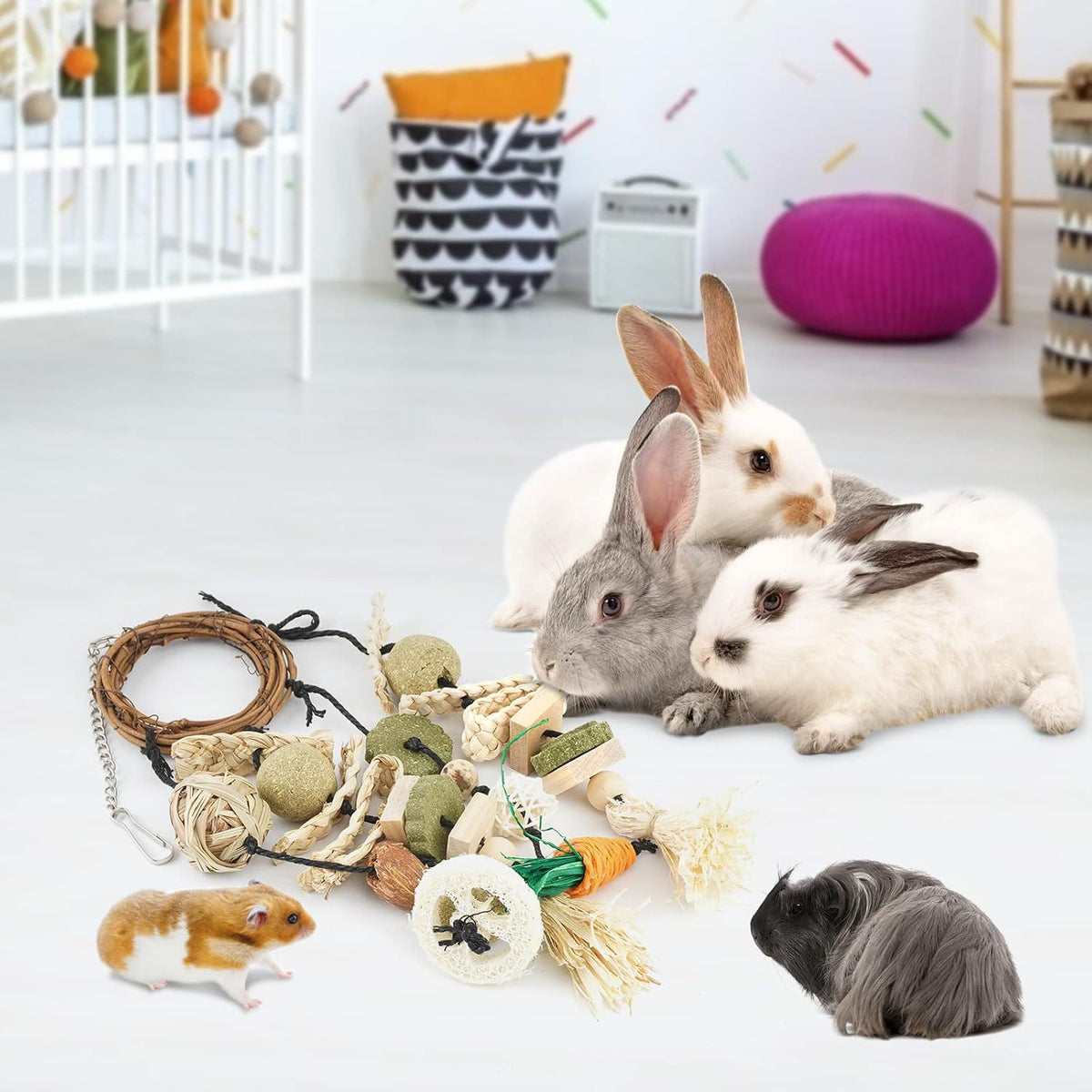 Hanging bunny treat wreath showing detailed textures of non toxic wood pieces