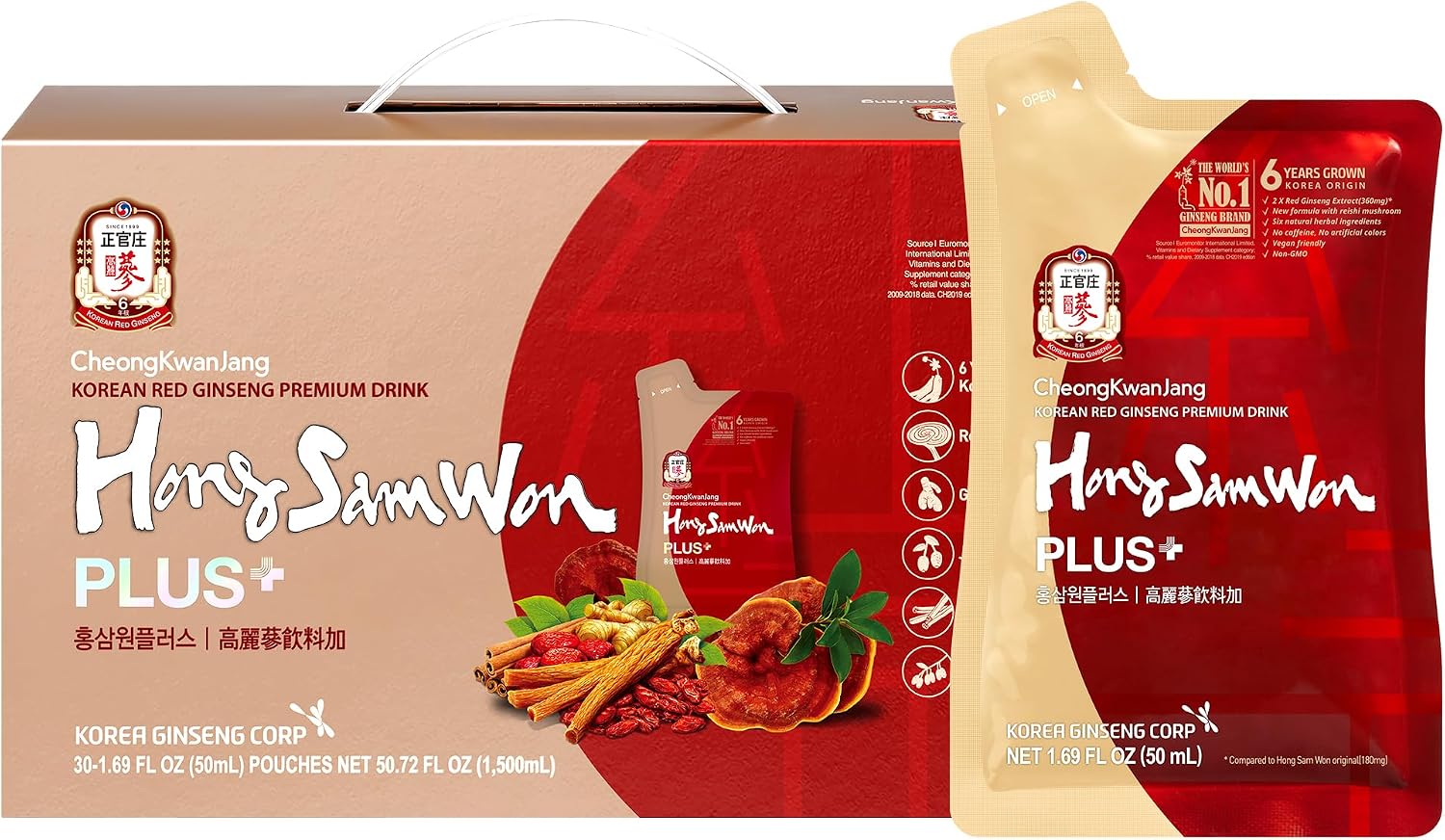 CheongKwanJang Jung Kwan Jang HongSamWon Plus front view packaging box containing thirty herbal energy pouches.