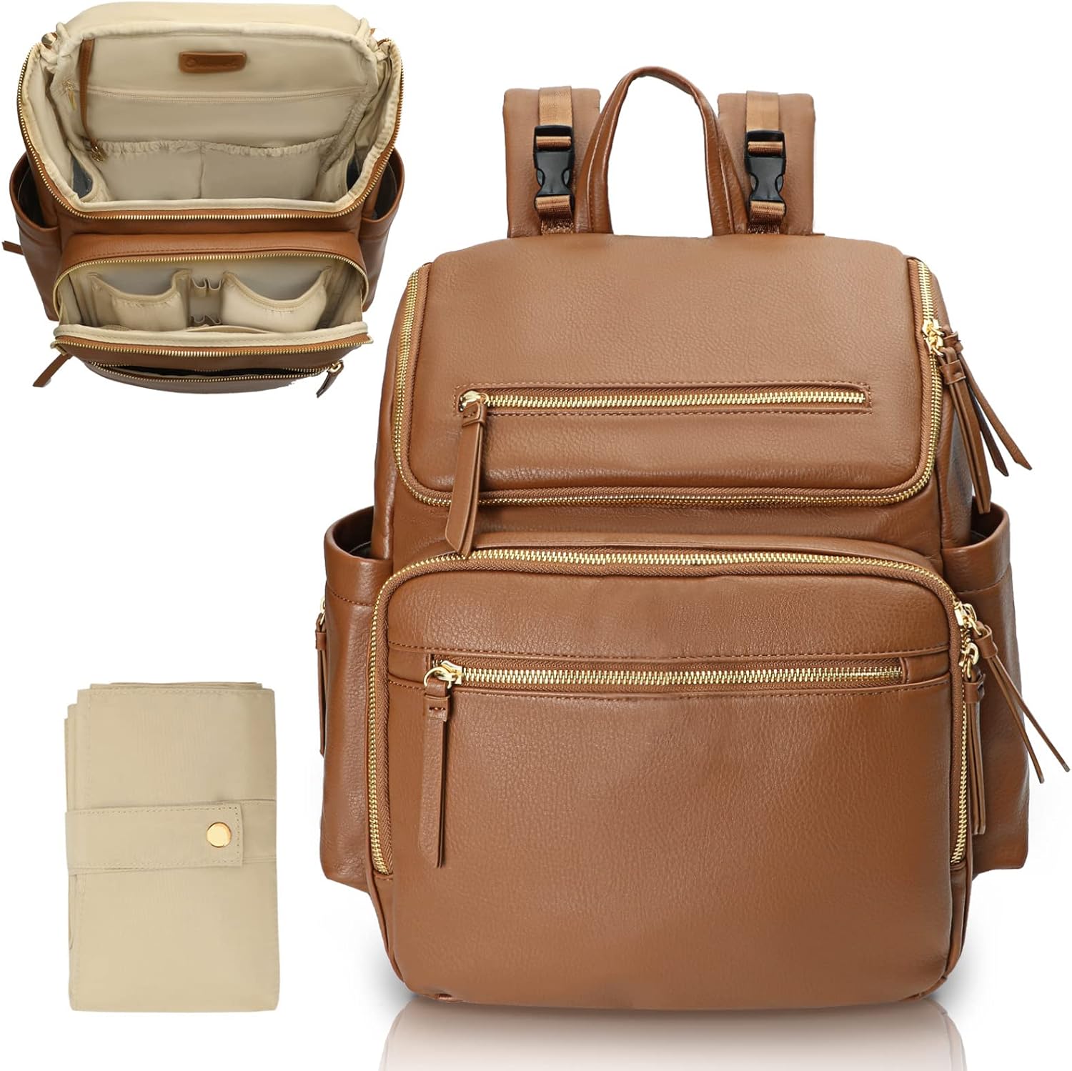 Omanmoli large leather diaper bag backpack in brown front view showing premium gold hardware zippers