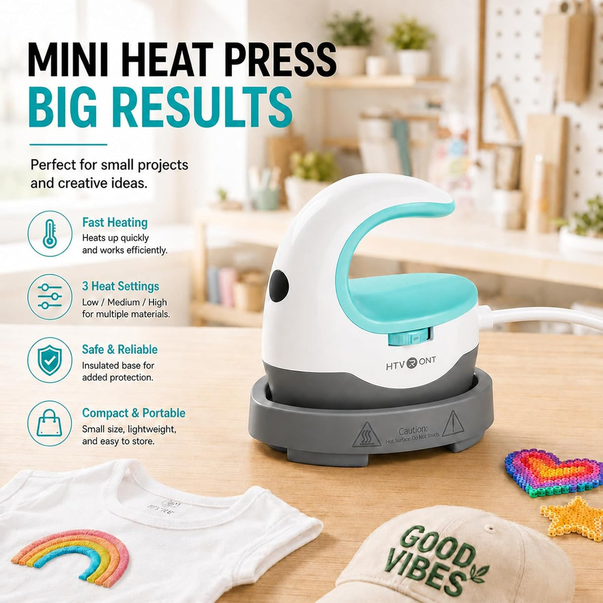 HTVRONT Heat Press Mini Heat Press Machine, Mini Iron for Crafts Mint - Image 4
