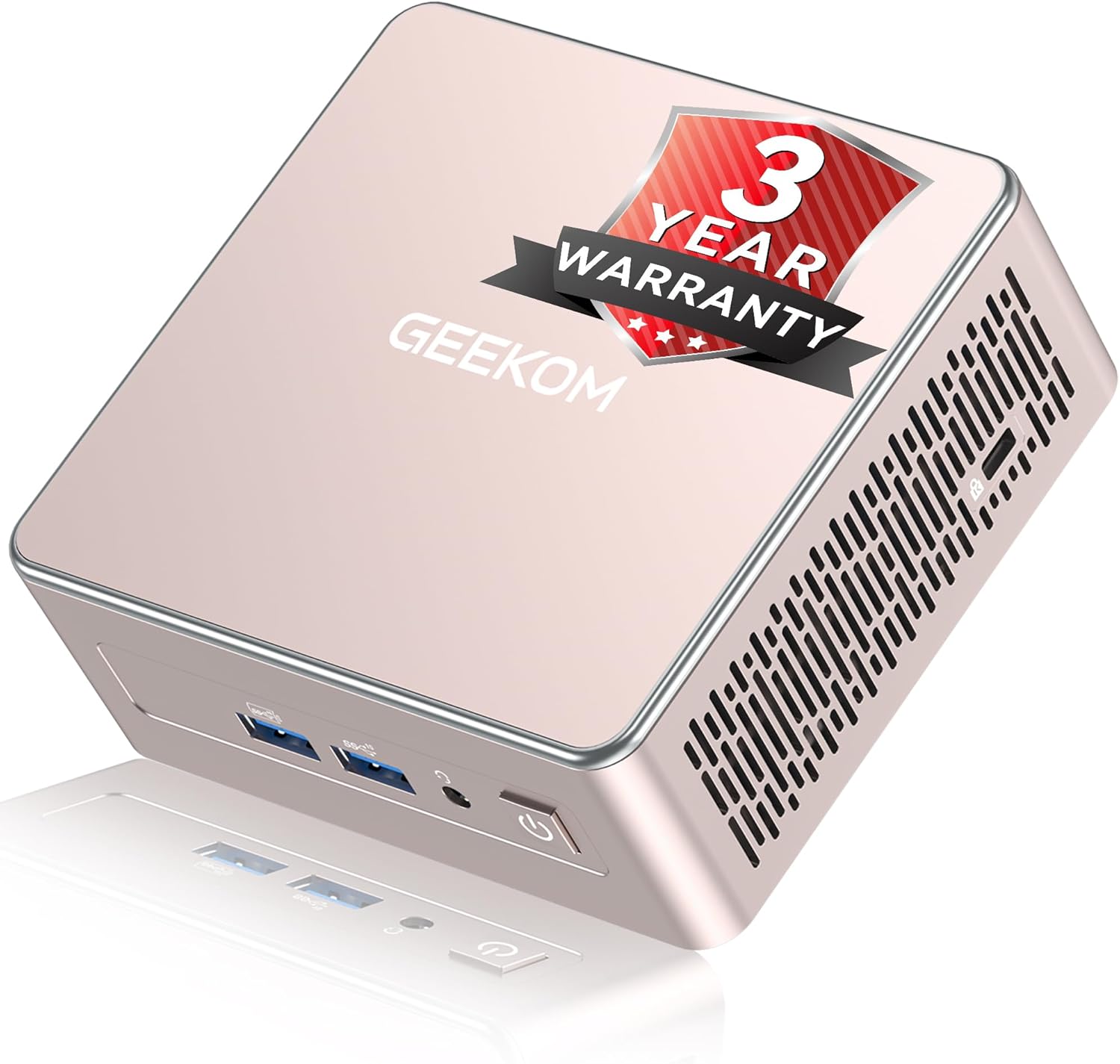 GEEKOM A5 Mini PC front view showing power button and connectivity ports