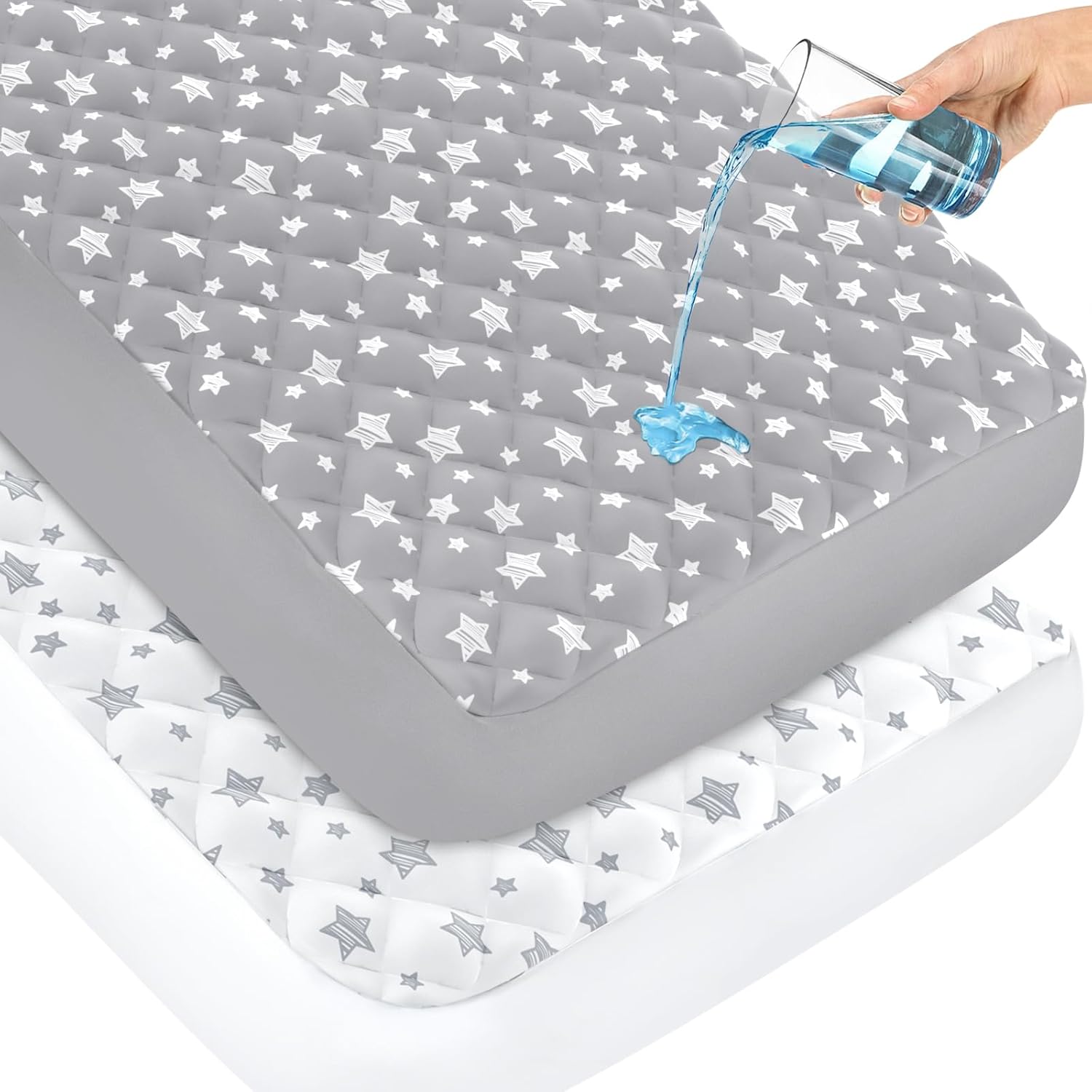 Moonsea Crib Mattress Protector front view showing grey and white star pattern on a standard baby crib mattress.