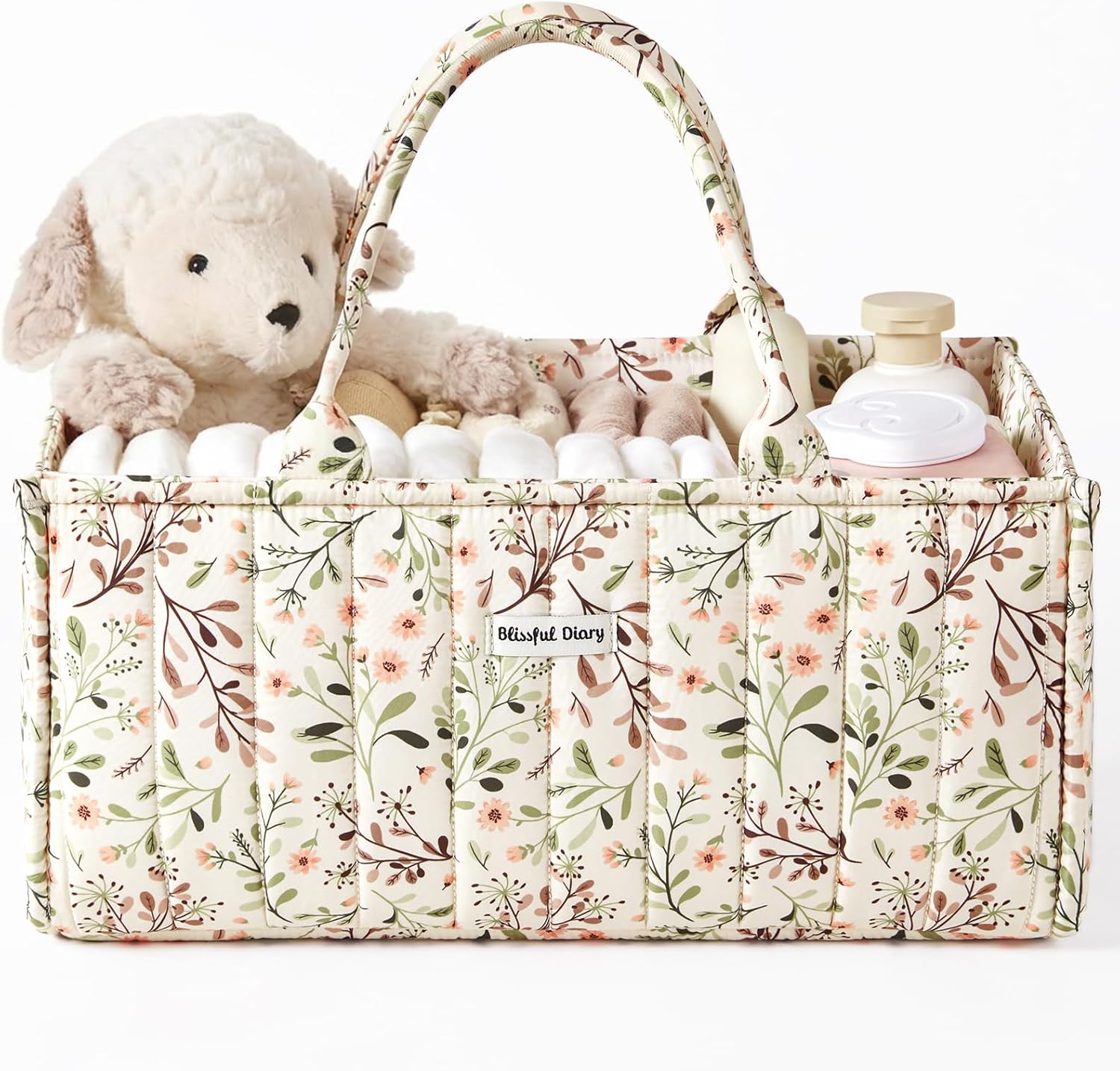 Blissful Diary floral diaper caddy organizer front view for nursery storage