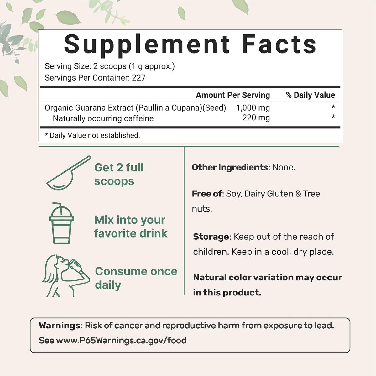 Micro Ingredients organic guarana powder packaging and size details