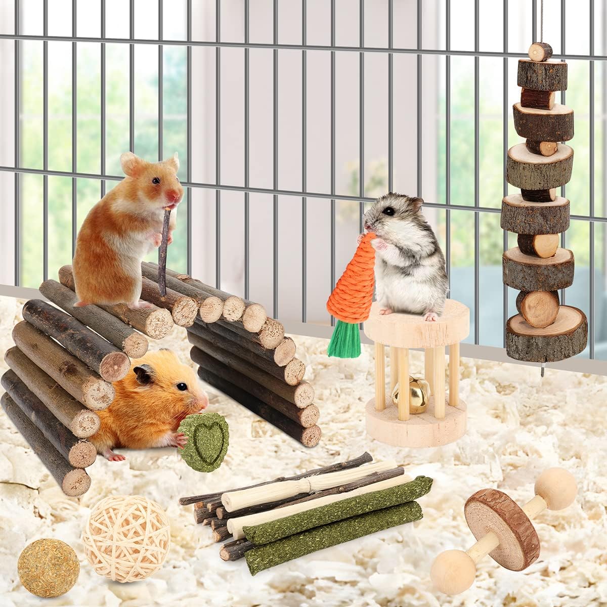 Small animal molar tools featuring a wooden hideout seesaw and applewood sticks for guinea pigs.