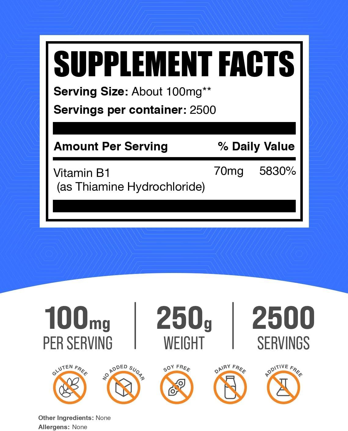 Close up of BulkSupplements B1 vitamin powder label