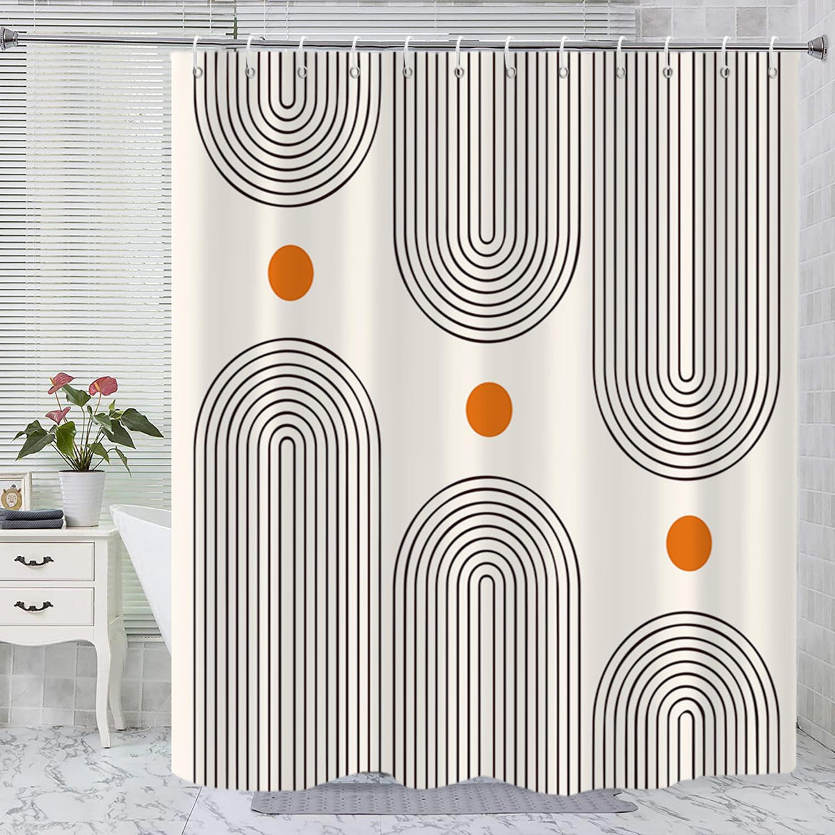 GKLEASG boho mid century shower curtain front view featuring minimalist abstract arch design for modern bathroom styling.