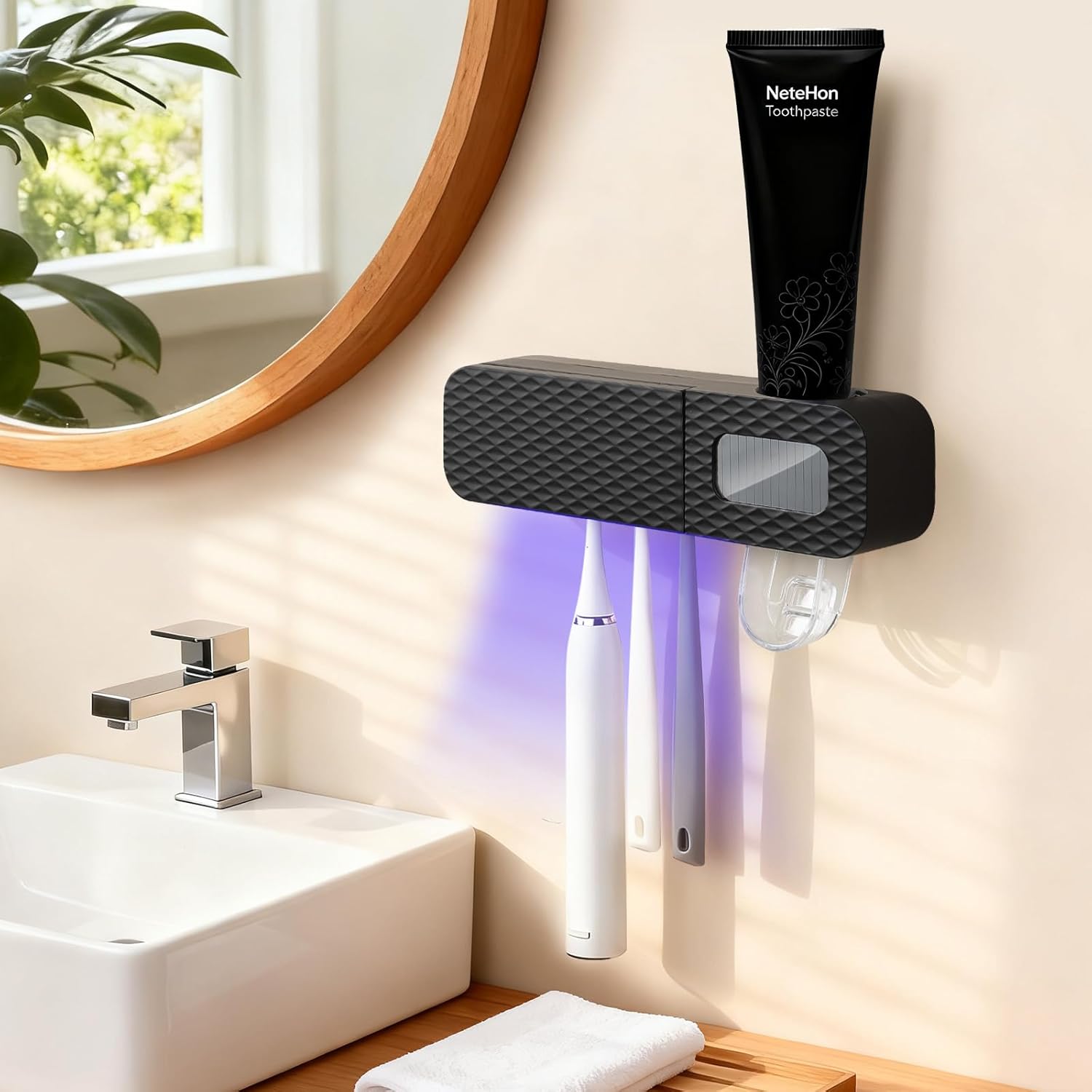NeteHon smart toothbrush holder front view showing sleek black wall mounted design in a bathroom
