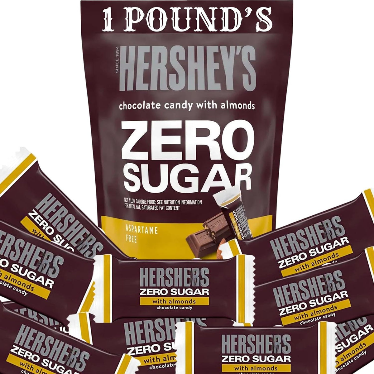 Individually wrapped sugar-free Hershey miniatures scattered next to the original imported 15.5-ounce packaging.