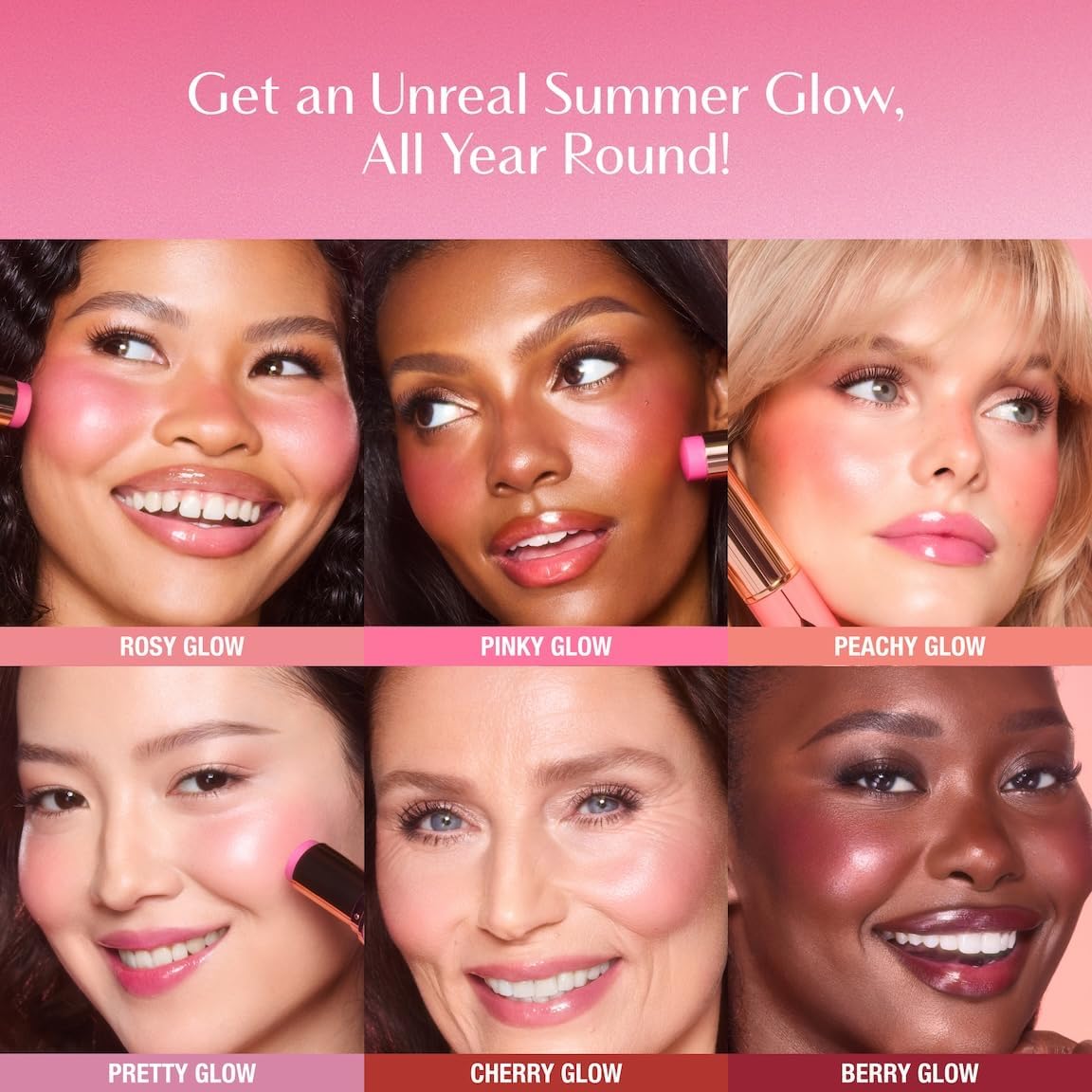 Luminous dewy finish of the Charlotte Tilbury cream blush on lips and cheeks.