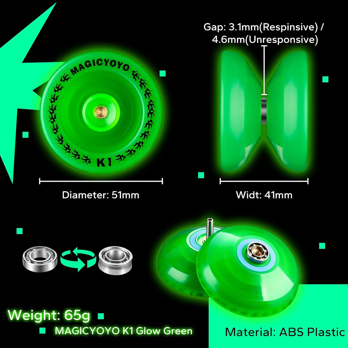 MAGICYOYO K1 Plus Glow in the Dark Green YoYo replacement strings