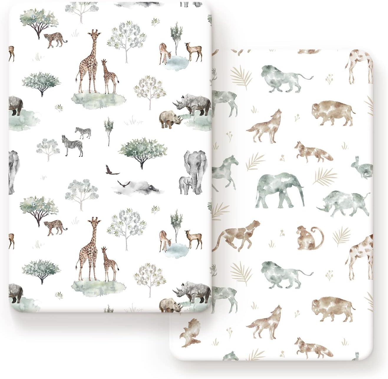 GRSSDER pack n play sheets front view showing African savannah animal print fabric.