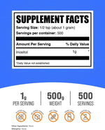 BulkSupplements Inositol Powder nutrition facts label detailing 1 gram serving size.