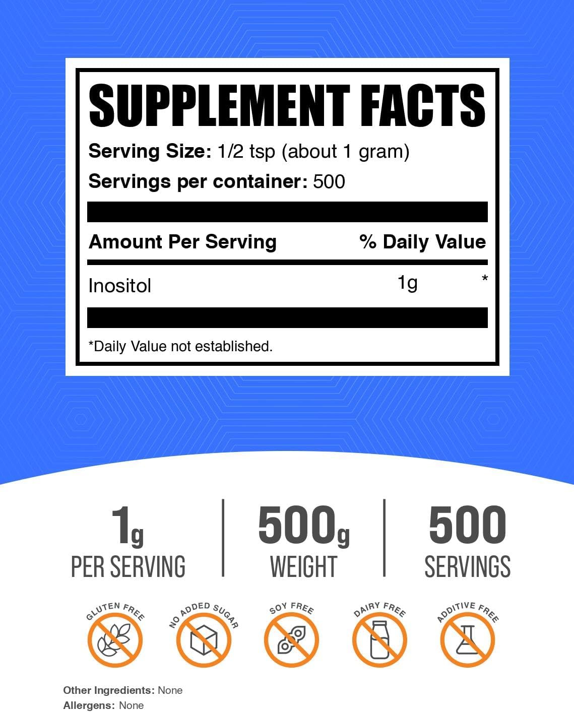 BulkSupplements Inositol Powder nutrition facts label detailing 1 gram serving size.