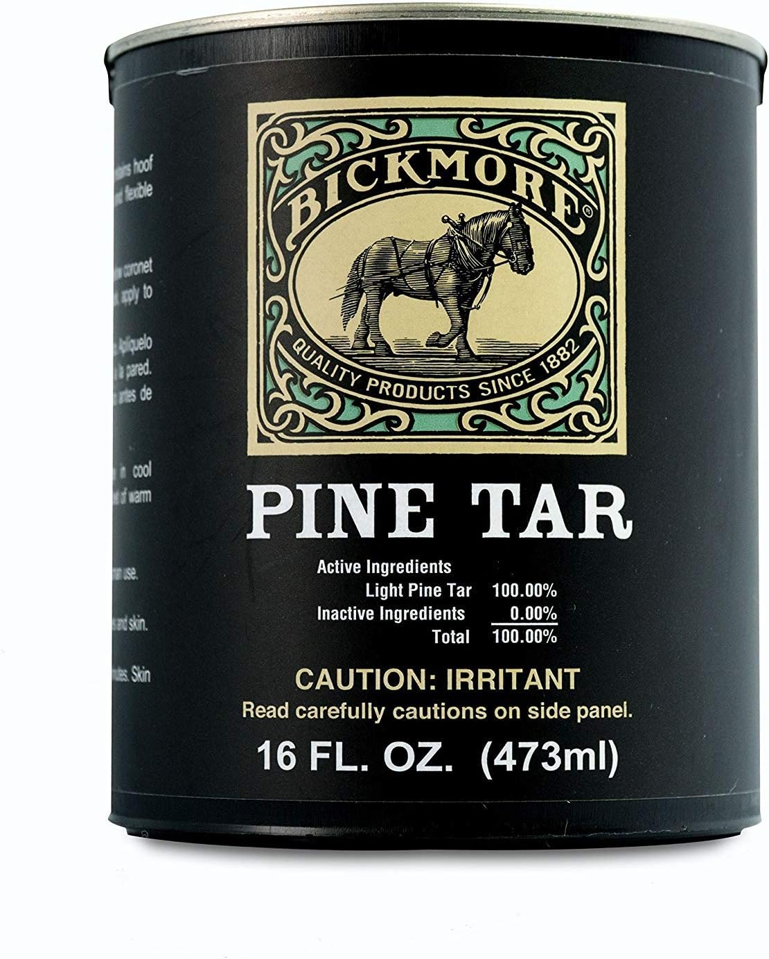 Bickmore Pine Tar 16 Ounce container front view genuine USA imported equine hoof care and wood sealant
