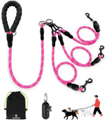 LEOSASA No Tangle Three Dog Leash front view showing the pink braided nylon rope and padded handle.