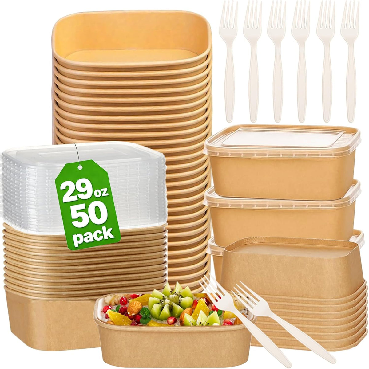 Artuxer 29 Ounce Disposable Kraft Paper Bowl set with lid and fork