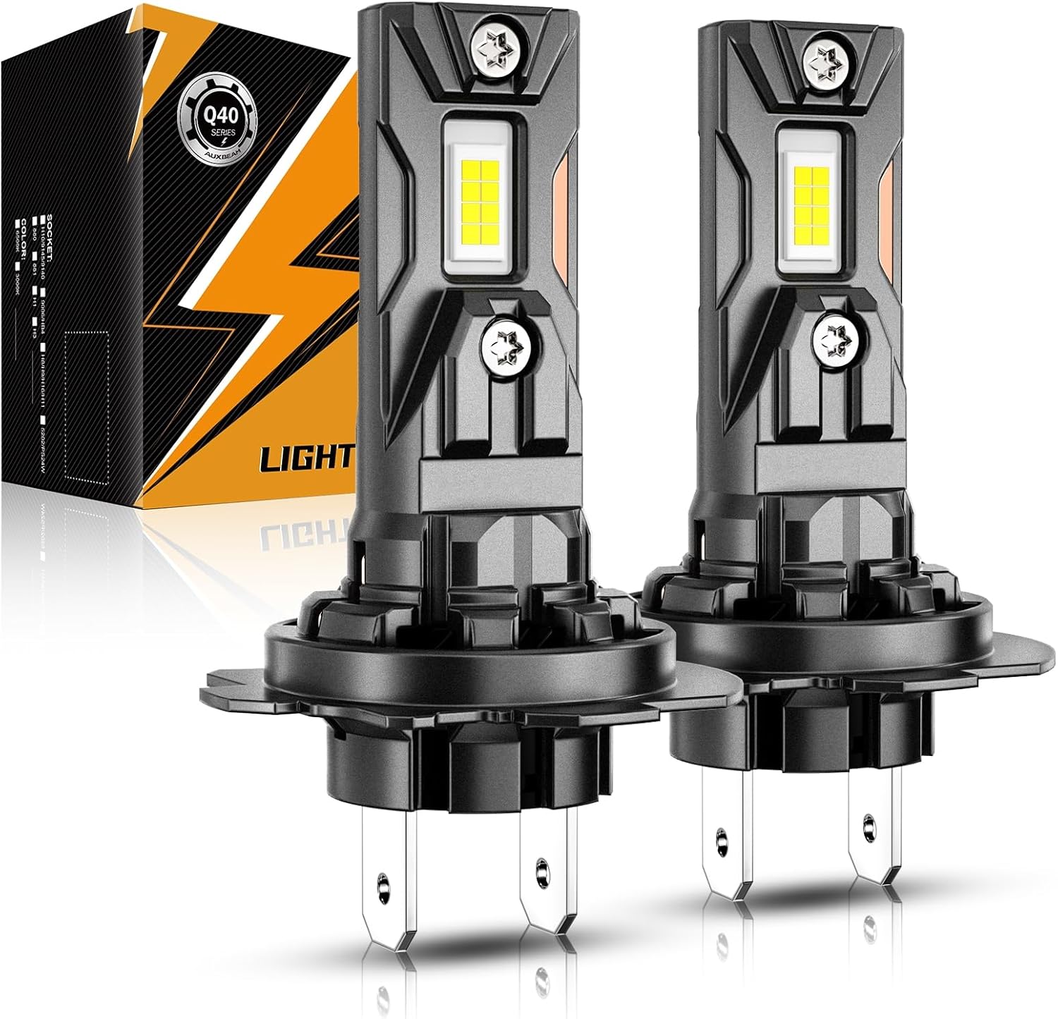 Auxbeam H7 Q40 Series LED fog lights front view showing the premium aviation grade aluminum body and Z-Knight chips.
