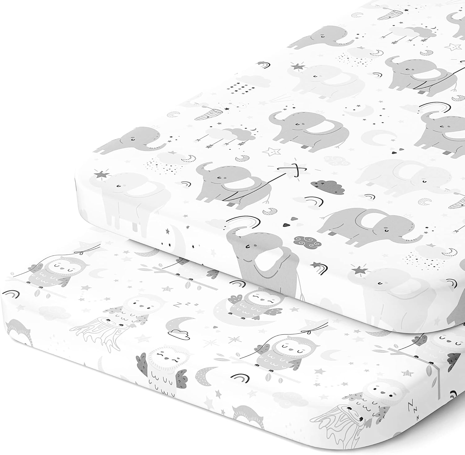 Joey + Joan fitted cradle sheets 2 pack front view in grey elephant pattern