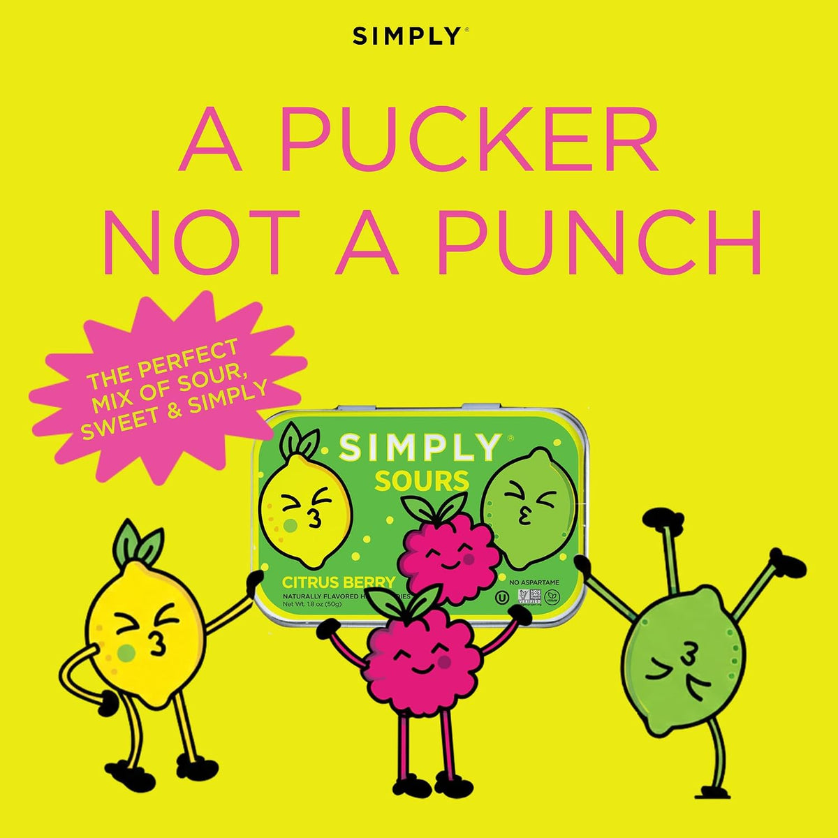 Pocket-sized collectible metal tins of Simply Sours Citrus Berry candy