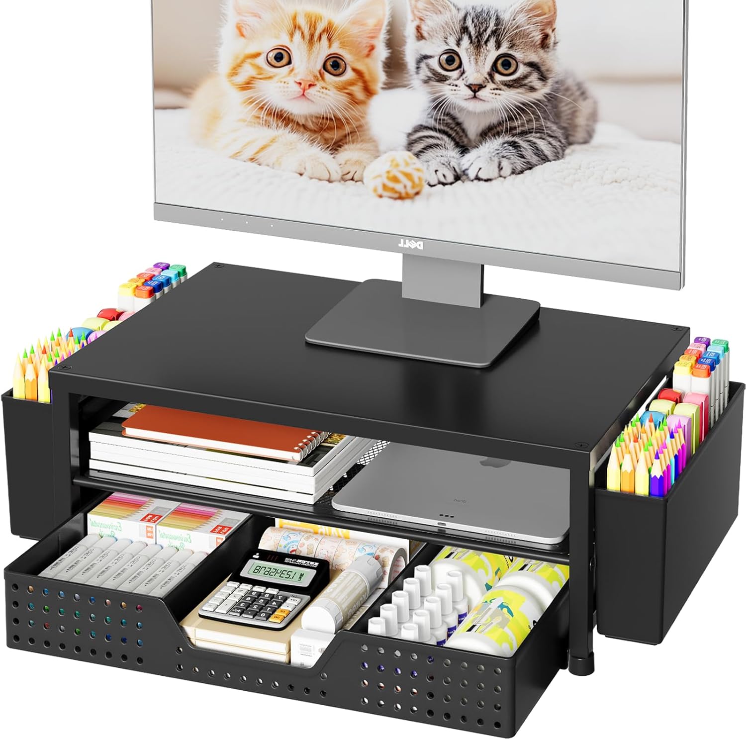 OPNICE desk organizer and monitor stand riser front view holding computer monitor