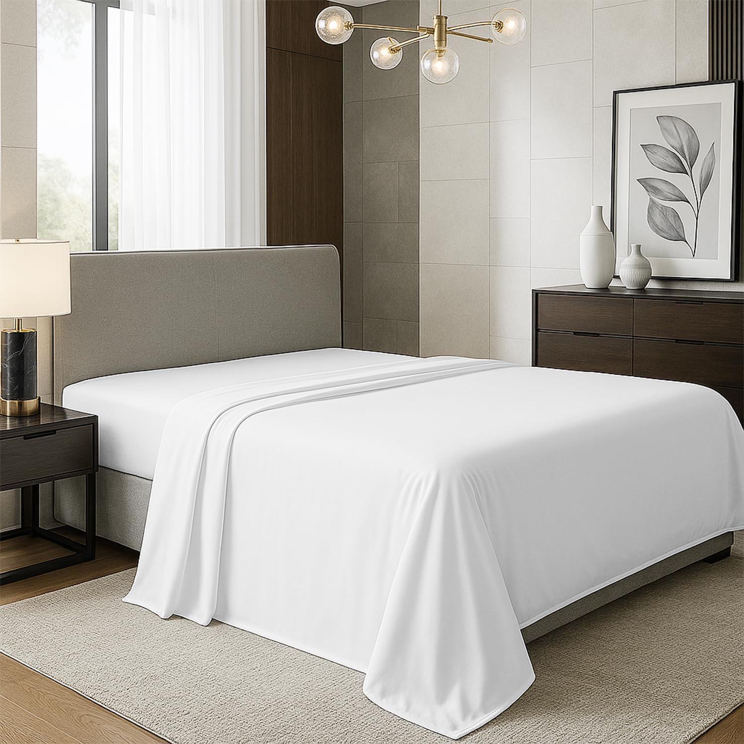 Texas Linen Company organic cotton percale flat sheet king size front view over a neat modern bed setup.