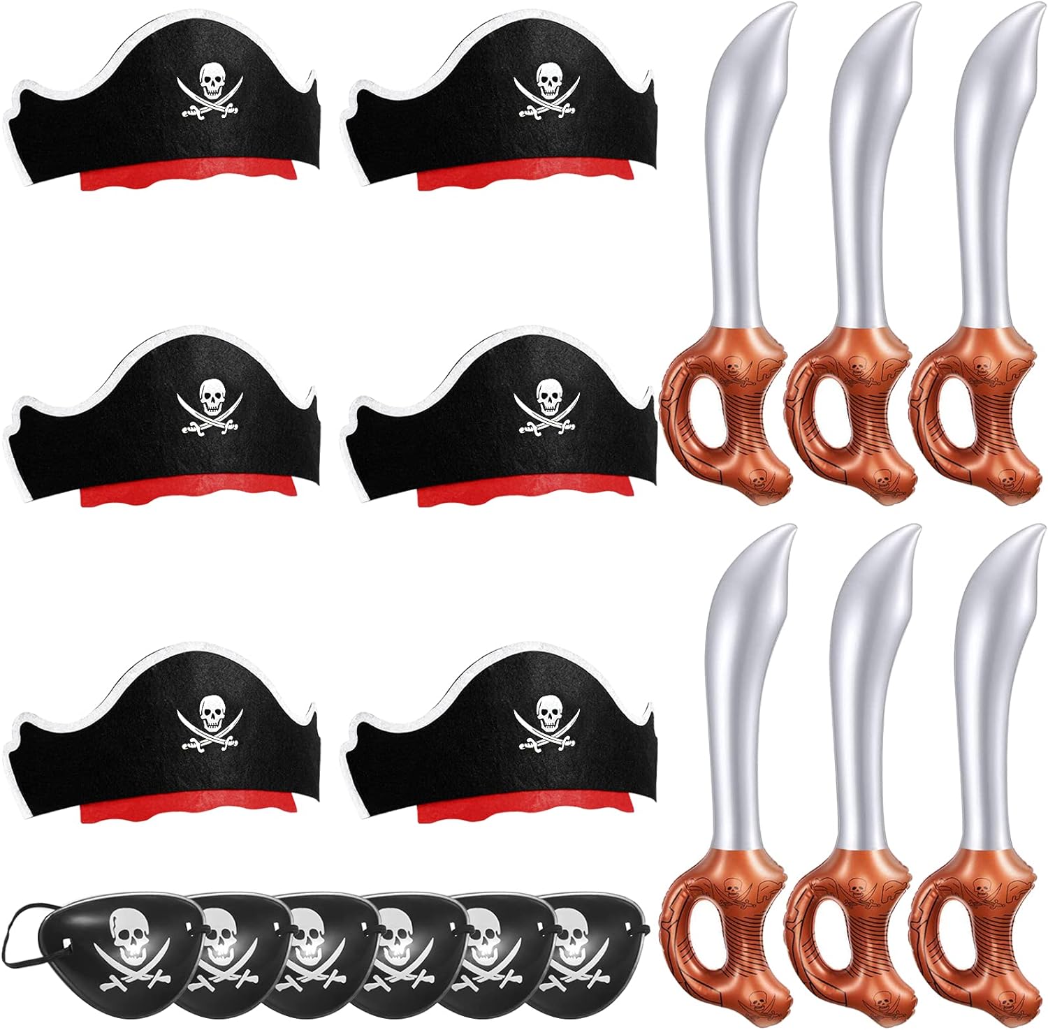 Legigo 18 piece funny pirate party set front view showing hats patches and swords for kids costume birthday decoration