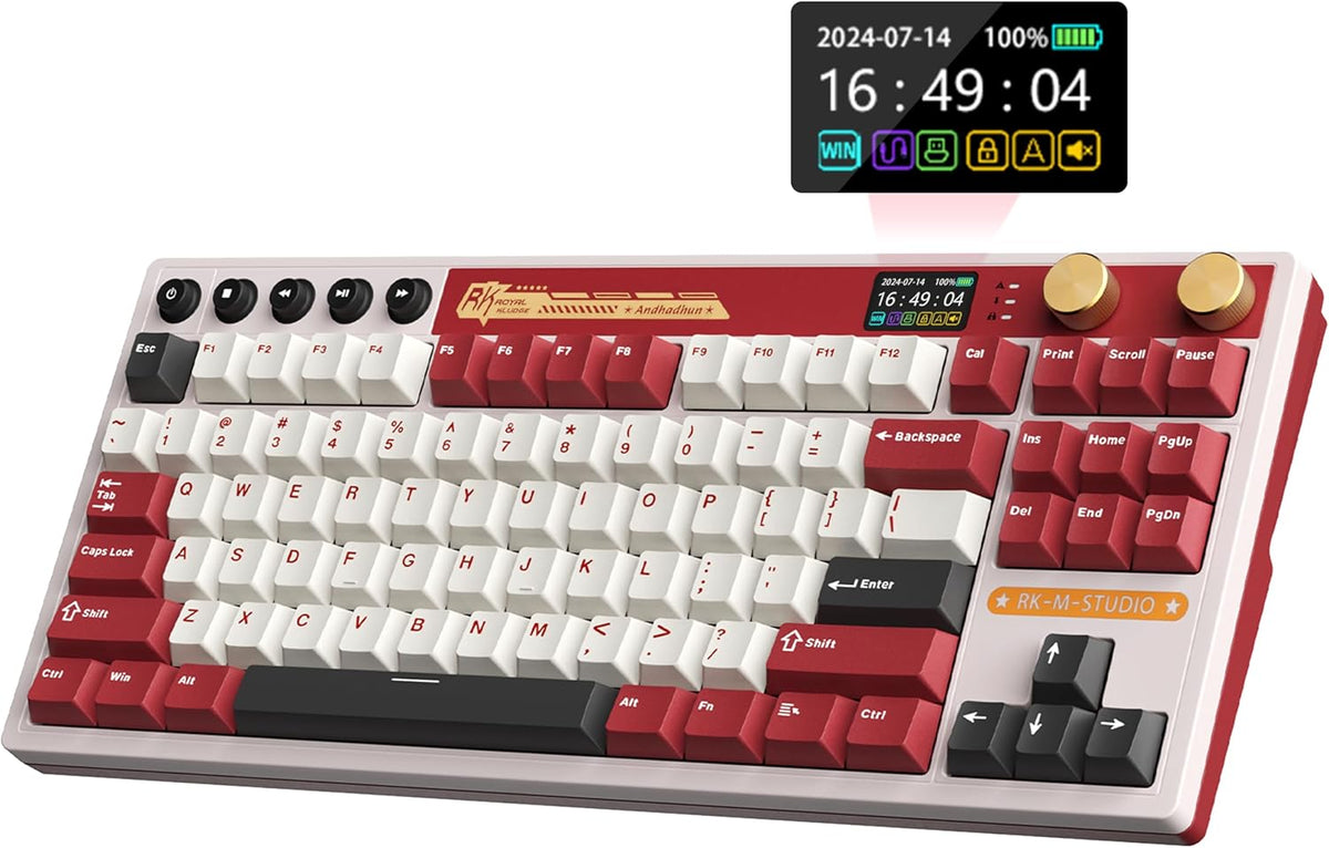 RK Royal Kludge M87 wireless gaming keyboard front view with red and white color scheme