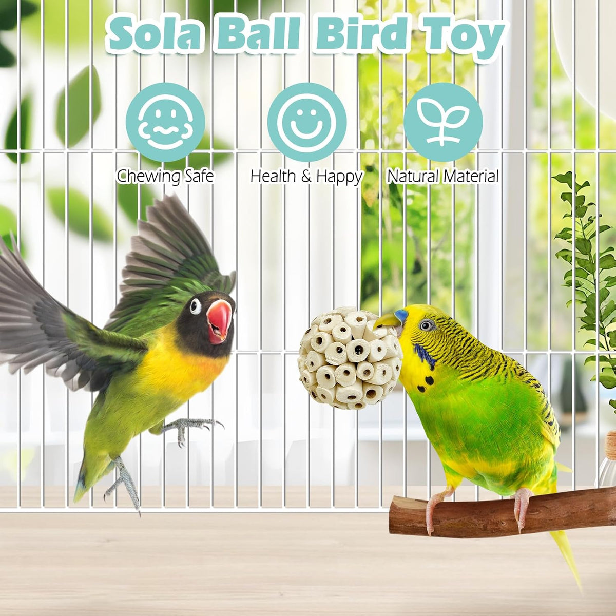 PINVNBY natural shredding toys hung from cage bars for mental enrichment.