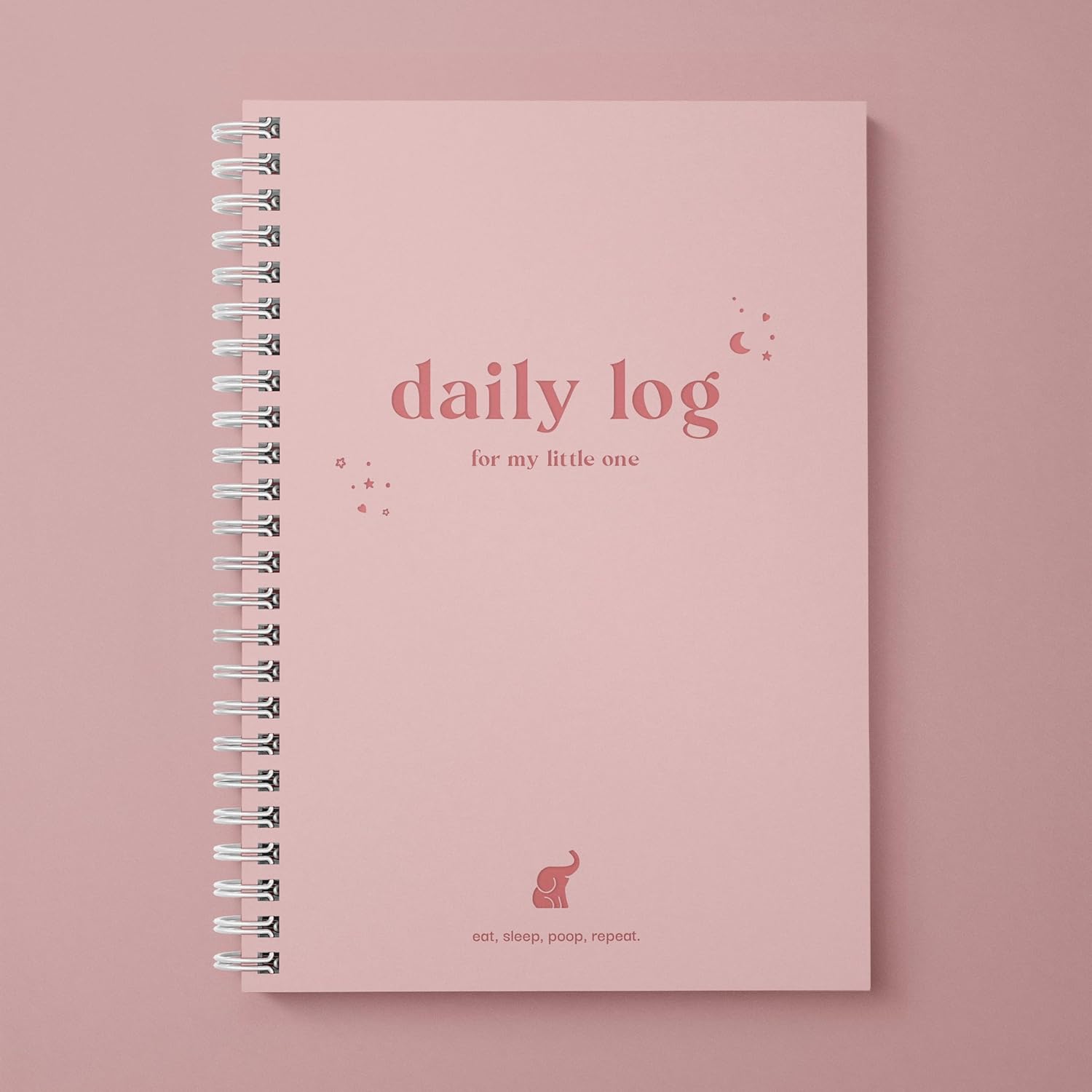 Bubbarino baby daily log book front view showing pink leather cover with gold spiral binding