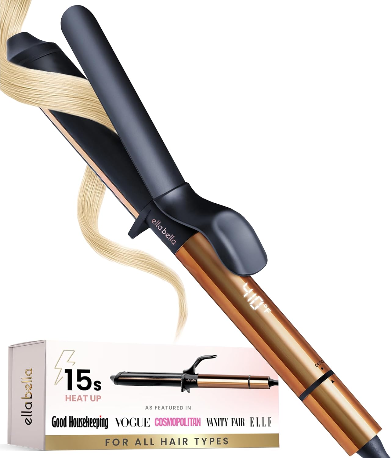 Ella Bella curling iron front view showing ceramic barrel and handle design.