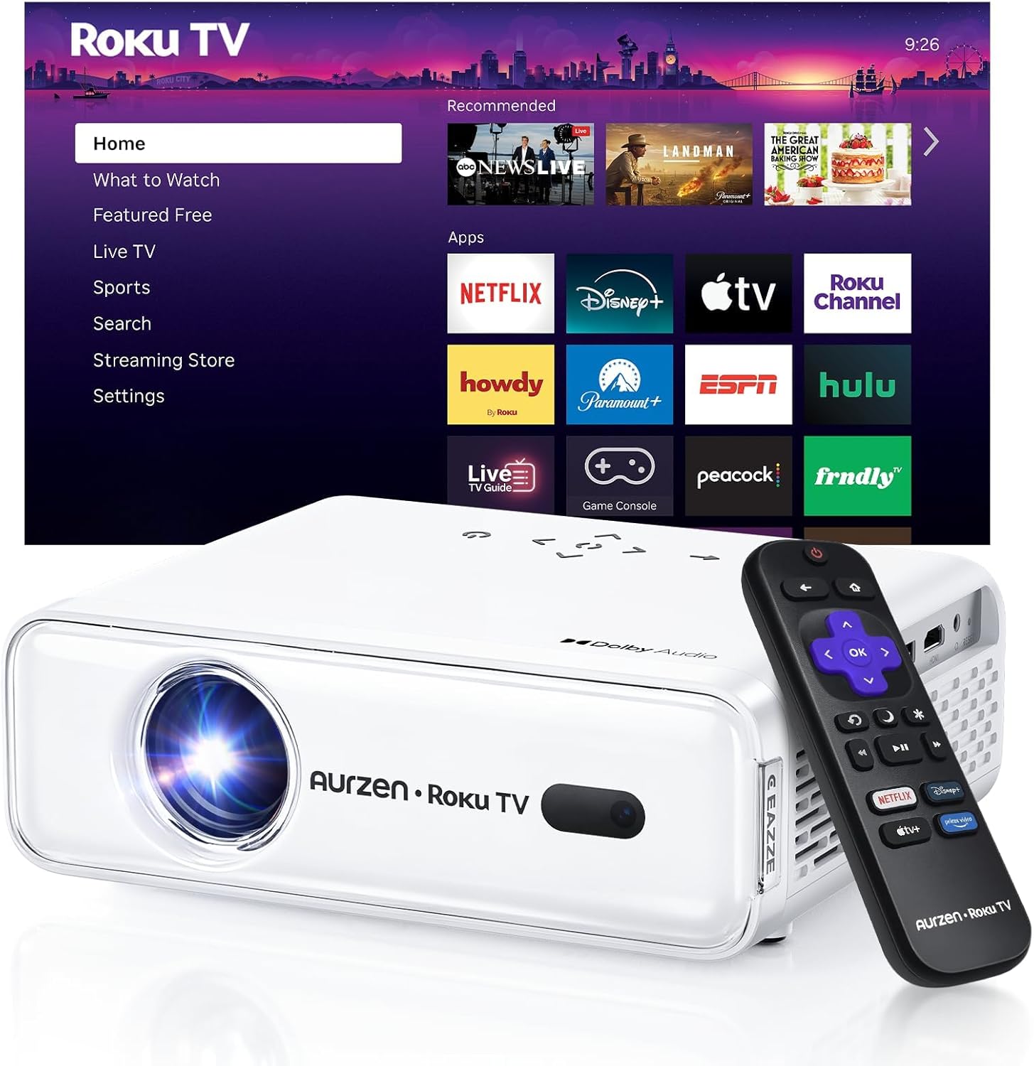 Aurzen Roku TV Smart Projector front view white portable video projector