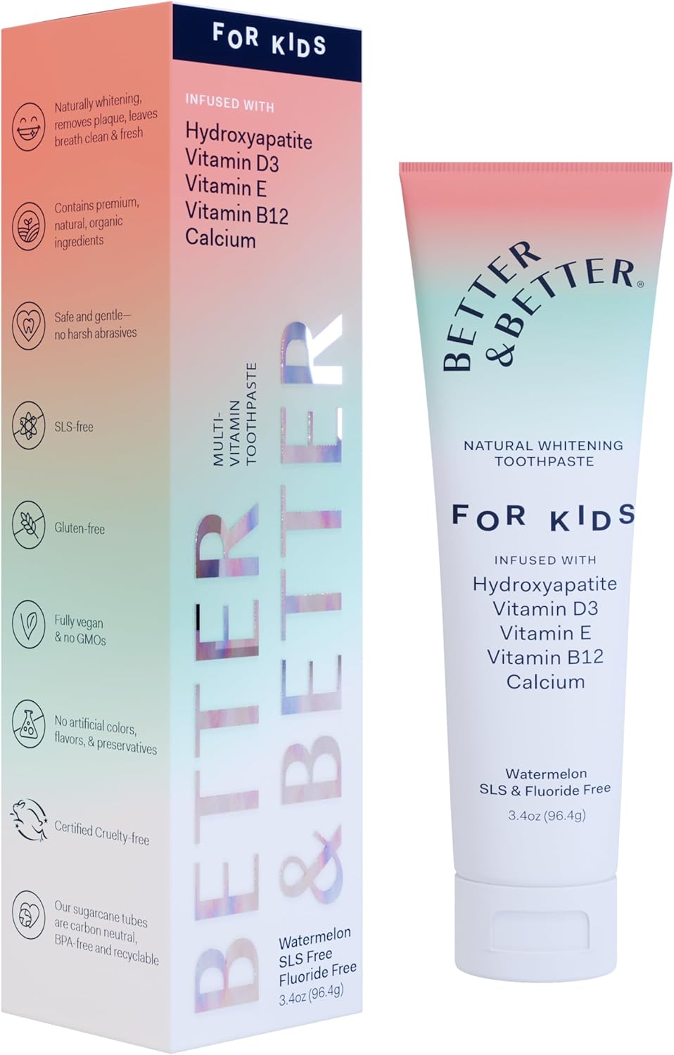 Better & Better Kids Toothpaste | Natural Hydroxyapatite Toothpaste Infused w/Calcium & Vitamins D, E, B12 | Fluoride & SLS Free for Sensitive Brushers | Watermelon Flavor | 3.4oz, 1 Pack - Image 1