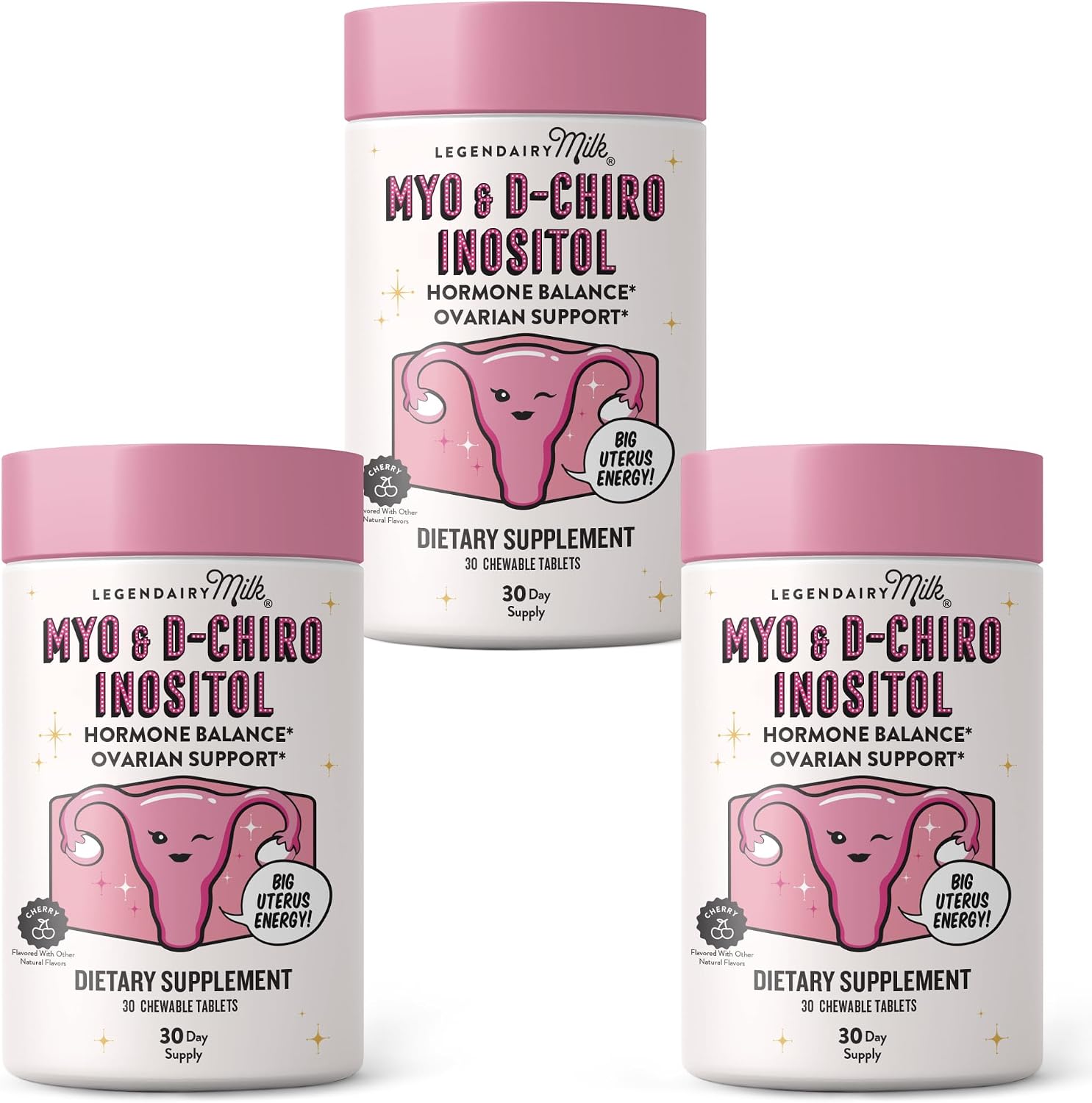 Legendairy Milk Myo and D-Chiro Inositol chewable tablets front view for women hormonal balance.
