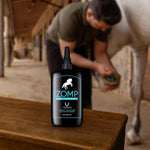 Equine hoof care topical spray for thrush prevention and treatment.