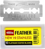 Feather double edge safety razor blades 10 count front view packaging