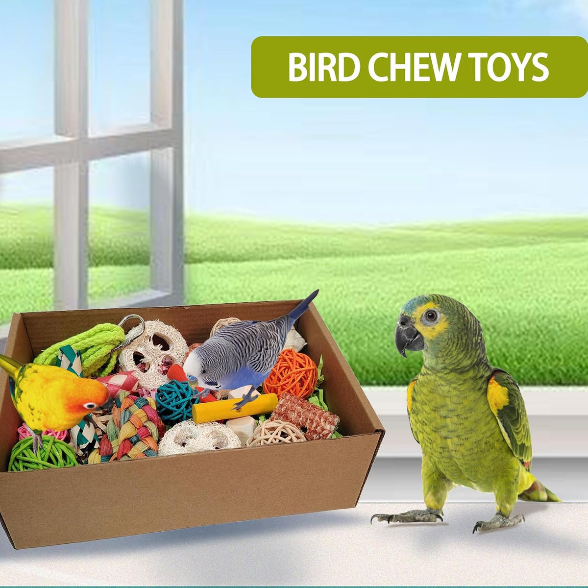 Close up view of natural rattan balls corn husks and loofah slices inside the parrot toy box