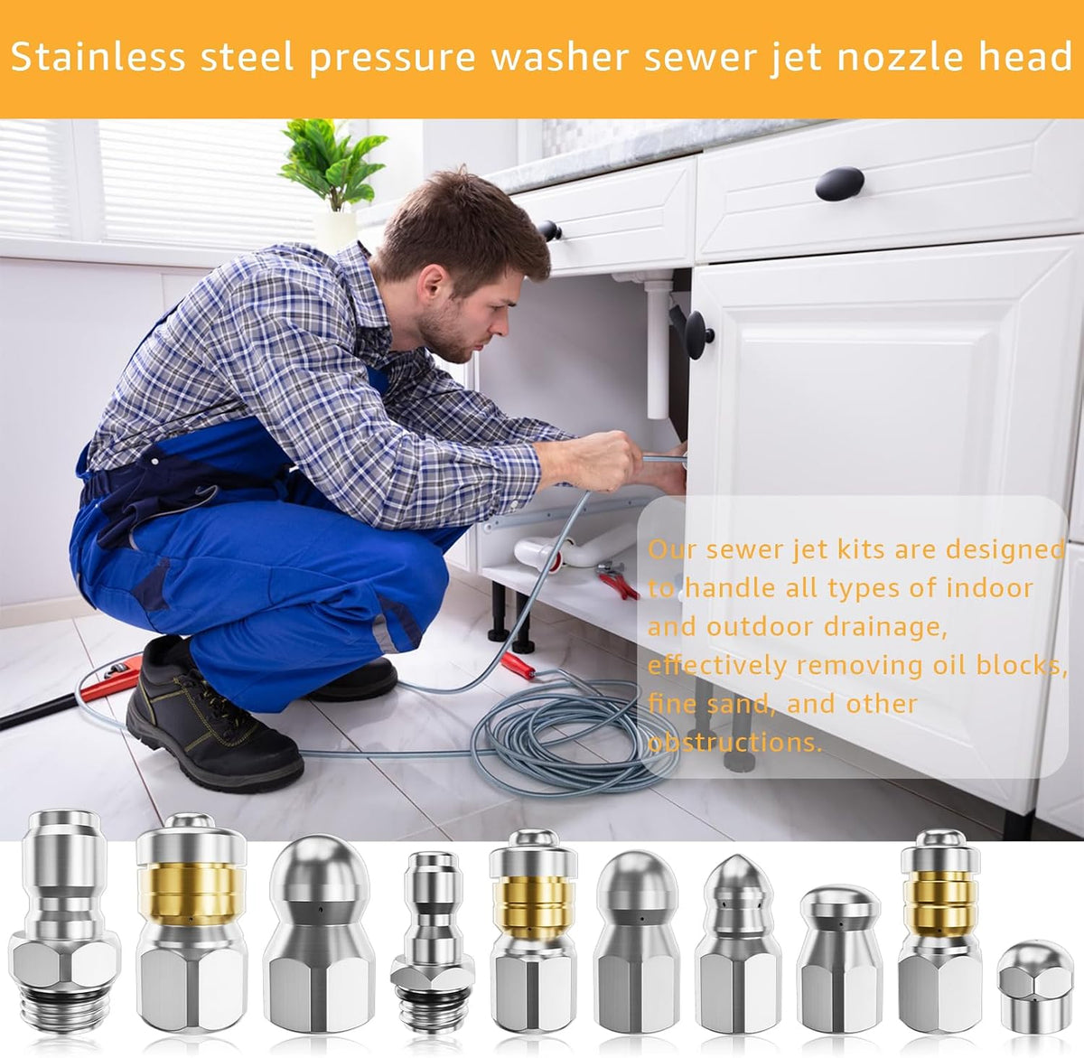 Wllead jetter nozzle tips arranged to show 1/4 inch and 3/8 inch connections